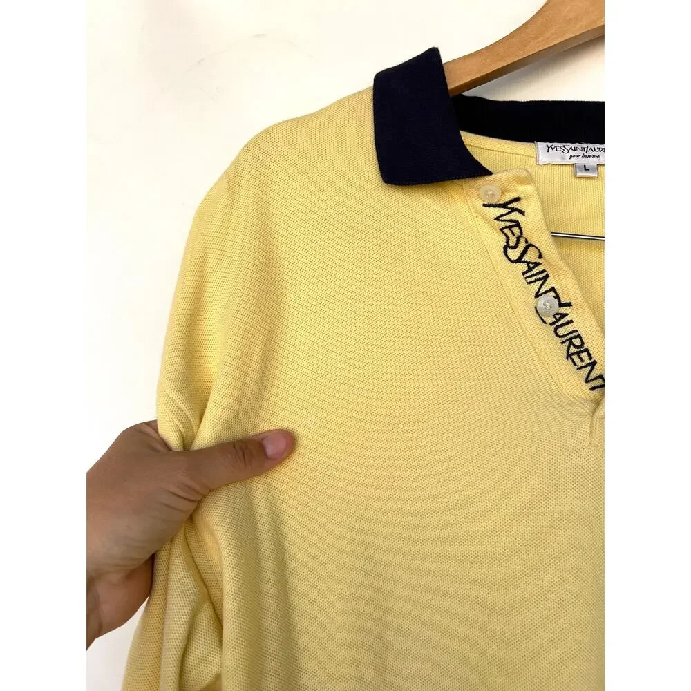 Vintage Yves Saint Laurent Oversized Shirt Long Sleeve Yellow YSL Logo Sporty